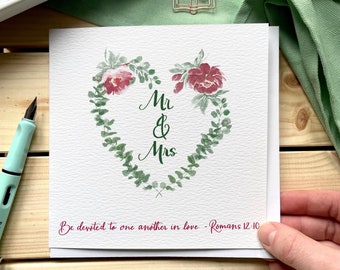 Christian Wedding Card: Watercolour Floral Heart, Bible Verse