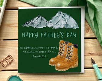 Christian Father’s Day card with mountains, hill walking boots and a scripture verse from the bible