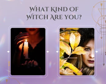May include: A graphic with the text WHAT KIND OF WITCH ARE YOU? featuring two rectangular panels. The left panel shows a lit candle in a dark setting. The right panel shows a face partially obscured by yellow autumn leaves on a branch.