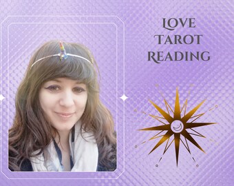 May include: A woman with long brown hair wearing a silver headband with a small, colorful unicorn horn. The image has the text "LOVE TAROT READING" and a gold starburst design on a lavender background.