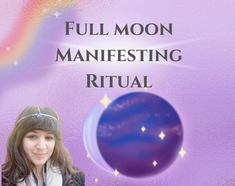 May include: A woman with a unicorn headband is in front of a purple background with a full moon and stars. The text "FULL MOON MANIFESTING RITUAL" is written in black letters on the background.