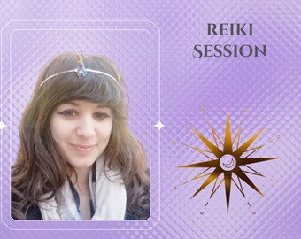 May include: A woman with a rainbow unicorn headband is pictured in front of a purple background with the text "REIKI SESSION" and a gold star with a crescent moon in the center.