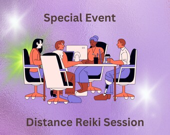 May include: Illustration of four people sitting around a table with laptops and coffee cups. The text "Special Event" is at the top of the image and "Distance Reiki Session" is at the bottom.