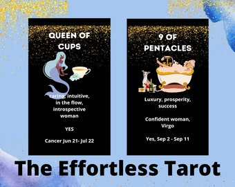 May include: Two tarot cards from "The Effortless Tarot" deck. The "Queen of Cups" card features a mermaid illustration, while the "9 of Pentacles" card shows a woman in a bathtub. Text includes card names and keywords.