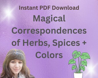 May include: A digital download for a guide to magical correspondences of herbs, spices, and colors. The cover features a woman with a rainbow headband and a potted plant with large leaves.