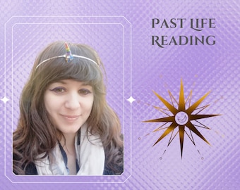 May include: A woman with long brown hair wearing a silver headband with a small, colorful unicorn horn. The image is set against a textured purple background with the words "PAST LIFE READING" and a gold starburst design.