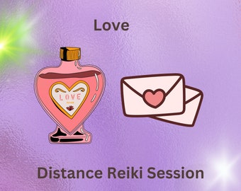 May include: A pink heart-shaped bottle labeled "Love Potion" with a gold cap and a heart-shaped label. Two envelopes with pink hearts are next to the bottle. The text "Love" and "Distance Reiki Session" are also in the image.