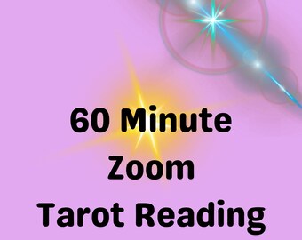 May include: A digital graphic with a light purple background featuring the black text 60 Minute Zoom Tarot Reading. The design includes a bright yellow starburst effect behind the text and a blue lens flare light effect in the upper right corner.