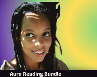 May include: A person with dark hair and a light complexion is centered in the frame. The background features a gradient of purple on the left and yellow-green on the right. The text Aura Reading Bundle is printed in white at the bottom.