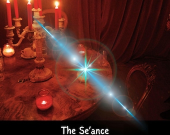 May include: A wooden table holds a multi-armed candelabra with six lit red candles, a small glass candle holder, and a teacup. A bright blue lens flare crosses the scene. The text at the bottom reads: The Se'ance Haunted Tarot Reading.