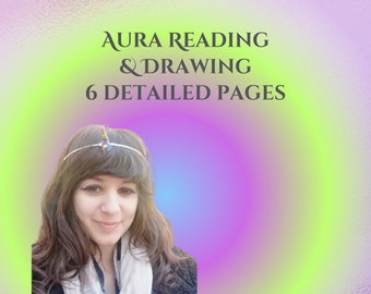 May include: Image features a woman with long dark hair and a silver headband with a colorful unicorn horn. The background is a gradient of green, purple, and pink. Text reads "AURA READING & DRAWING" and "6 DETAILED PAGES".