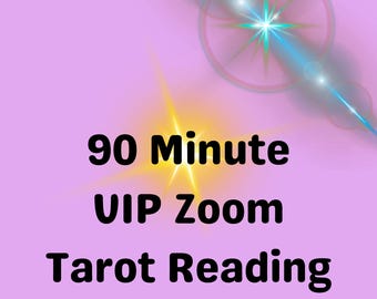 May include: A digital graphic with a light purple background featuring the black text 90 Minute VIP Zoom Tarot Reading. The design includes a bright yellow starburst effect in the center and a blue and white lens flare effect in the upper right corner.