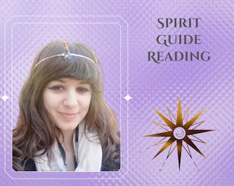 May include: A person with brown hair wearing a thin silver headband with a small rainbow-colored unicorn horn. The image features the text SPIRIT GUIDE READING in dark gray letters and a gold starburst graphic with a crescent moon in the center.