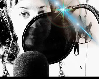 May include: A black and white recording setup featuring a microphone with a circular pop filter, large over-ear headphones, and a bass guitar in the background. The image includes the text "Custom song just for you" at the bottom in white font.