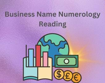 May include: A graphic illustration on a light purple background featuring the text Business Name Numerology Reading. The image includes a globe, a bar chart, a rectangular green bill, and three gold coins marked with dollar, pound, and euro symbols.