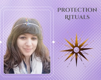 May include: A woman with long brown hair wearing a silver headband with a rainbow unicorn horn on top. The background is a purple textured pattern with the text "PROTECTION RITUALS" in white and a gold star with a crescent moon in the center.