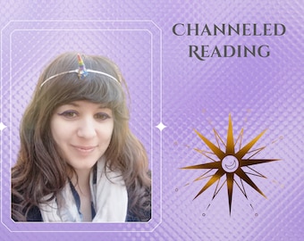 May include: A digital graphic featuring the text CHANNELED READING in dark gray font. The image includes a portrait of a person with long brown hair wearing a thin silver headband with a small rainbow-colored unicorn horn, set against a purple background with a gold starburst icon.