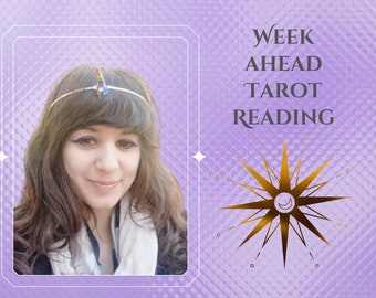 May include: A digital graphic featuring the text WEEK AHEAD TAROT READING in dark gray font. To the left, a person with long brown hair wears a thin silver headband with a small rainbow unicorn horn. A gold starburst icon with a crescent moon sits below.