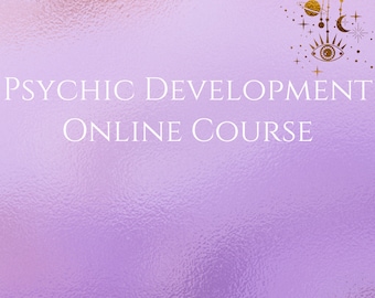 May include: A purple background with the text "PSYCHIC DEVELOPMENT ONLINE COURSE" in white. The top right corner features a gold illustration of a celestial eye with stars and a crescent moon.