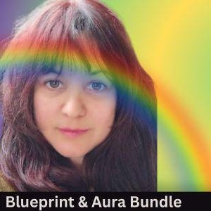 May include: A portrait of a person with shoulder-length brown hair, framed by a vibrant rainbow arc against a purple and yellow gradient background. The text "Blueprint & Aura Bundle" is printed in white at the bottom of the image.