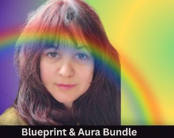 May include: A portrait of a person with shoulder-length brown hair, framed by a vibrant rainbow arc against a purple and yellow gradient background. The text "Blueprint & Aura Bundle" is printed in white at the bottom of the image.