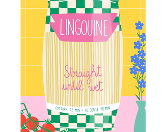 May include: A green and white checkered box of linguine pasta with the words "LINGUINE" and "Straight until wet" on the front. The box is sitting on a pink surface with a bunch of red tomatoes and a vase of blue flowers.