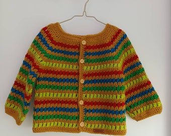 Crochet Rainbow Cardigan: Buttoned Acrylic Jumper, 18-24 Months