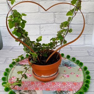 May include: A terracotta plant pot with a heart-shaped trellis, holding a green plant. The pot rests on a floral mat with green pom-pom trim. The trellis is made of metal and brown wire.