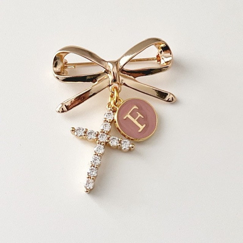 Religious Protective Pin,Personalised,Baby Pin,Bow Pin,Bow Brooch, Safety Pin,Cross, Brooch, baby jewelry,jewellery, CZ Cross, gift Idea,HCD image 1