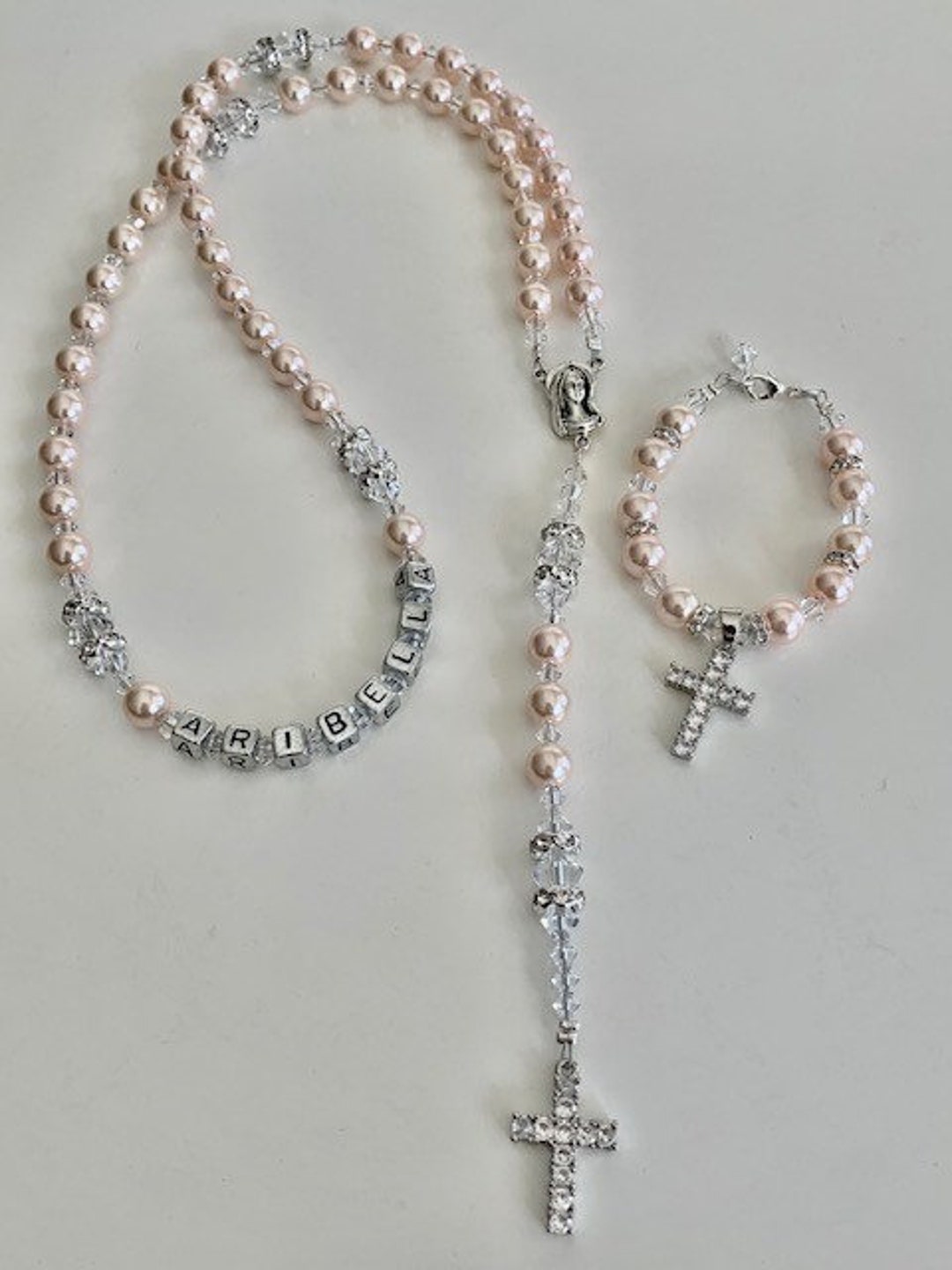 Personalised Rosary Beads Set Pearls Swarovski Crystals Baby Jewellery