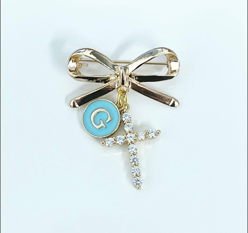 Religious Protective Pin,Personalised,Baby Pin,Bow Pin,Bow Brooch, Safety Pin,Cross, Brooch, baby jewelry,jewellery, CZ Cross, gift Idea,HCD image 5
