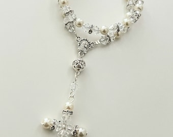 Bridal Two Row Rosary Bracelet, Swarovski Crystals, Pearls,Wedding, Rosary beads, Religious, Bride, wedding, Prayer beads, beaded Bracelet