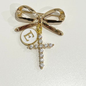 Religious Protective Pin,Personalised,Baby Pin,Bow Pin,Bow Brooch, Safety Pin,Cross, Brooch, baby jewelry,jewellery, CZ Cross, gift Idea,HCD image 4