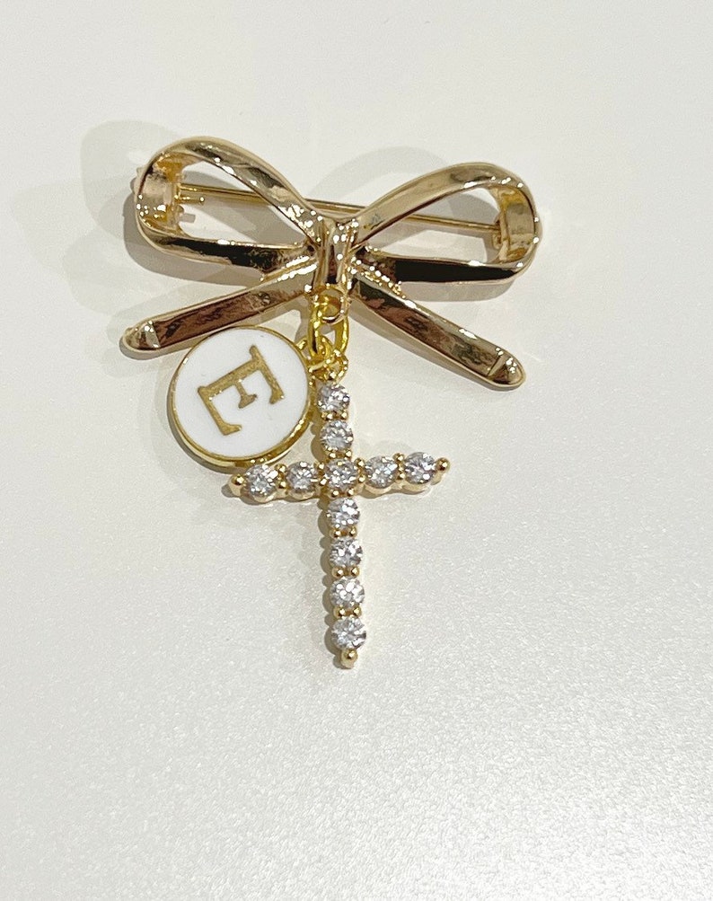 Religious Protective Pin,Personalised,Baby Pin,Bow Pin,Bow Brooch, Safety Pin,Cross, Brooch, baby jewelry,jewellery, CZ Cross, gift Idea,HCD image 4