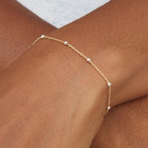 Dainty Gold with Silver Beads Satellite Chain Bracelet, Fine Delicate Minimalist Layering Jewellery, 14k Gold Fill & 925 Sterling Silver