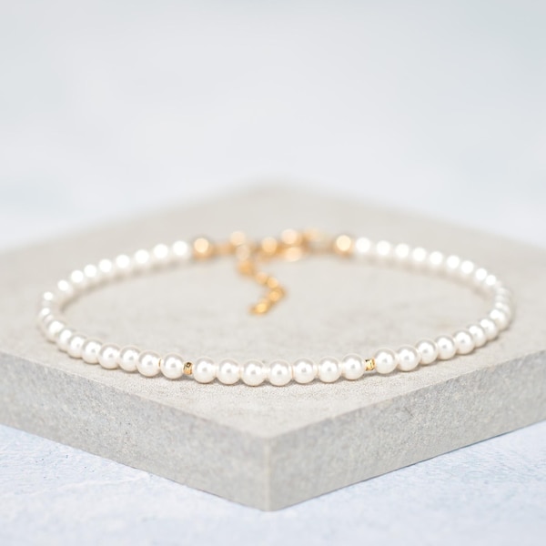 Handmade Pearl Bracelet in 925 Sterling Silver or 14k Gold Fill, Tiny Vegan Crystal Pearls