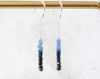 Dainty Ombre Blue Sapphire Drop Earrings, Tiny 3mm Natural Precious Gemstones, Sterling Silver / Gold Fill September Birthstone Earrings