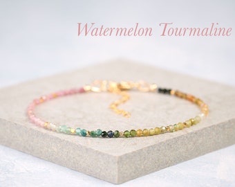 Dainty Tourmaline Gemstone Bracelet, Tiny 2mm Multicolour Watermelon Tourmaline, Gold Fill or Sterling Silver, Delicate Stacking Bracelet