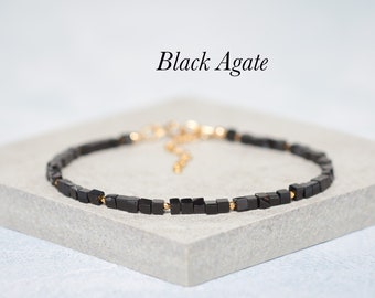 Dainty Black Agate Cube Bead Gemstone Bracelet, Tiny Minimalist Black Cubes, Geometric Stacking Bracelet, Gold Fill / 925 Sterling Silver