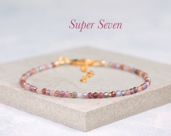 Dainty Super 7 Gemstone Bracelet, Tiny 2mm Mixed Multicolour Super Seven / Melody Stone & Gold Fill/Sterling Silver Stacking Bracelet