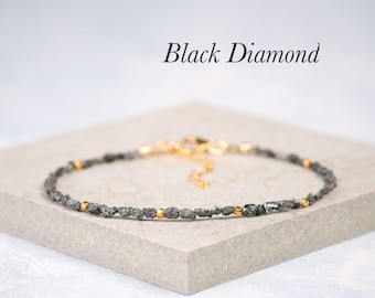 Dainty Raw Black Diamond Bracelet, Rough Diamonds, Gold Fill or 925 Sterling Silver, April Birthstone, 2-4mm Diamonds, Stacking Bracelet