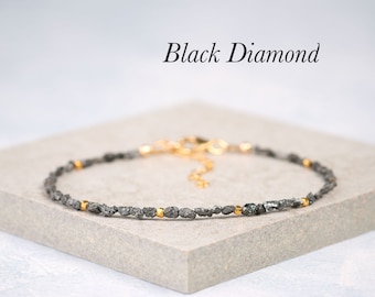 Raw Black Diamond Bracelet, Dainty Rough Diamonds, April Birthstone & Gold Fill / Sterling Silver Minimalist Gemstone Stacking Bracelet