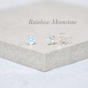 Dainty Rainbow Moonstone Stud Earrings, AAA Grade Clear / White with Blue Flash Moonstone Gemstones, 925 Sterling Silver / Gold Fill Posts