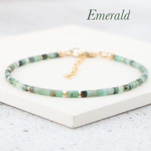 Dainty Emerald Bracelet, Tiny Natural Green Gemstones, May Birthstone Minimalist Stacking Bracelet, Heishi Beads, Gold Fill/Sterling Silver