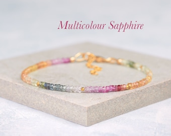 Dainty Multicolour Sapphire Gemstone Bracelet, Genuine Blue, Green, Pink & Yellow Sapphire, Sterling Silver/Gold Fill, September Birthstone