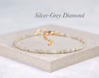 Handmade Raw Diamond Bracelet in Solid 925 Sterling Silver or 14k Gold Fill, Delicate Silver-Grey Diamond Cube Bead, April Birthstone