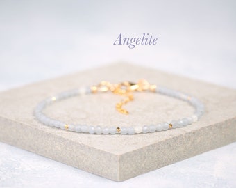 Dainty Angelite Gemstone Bracelet, Tiny 2mm Pale Blue 'Angel Stone' & Gold Fill / Sterling Silver Delicate Stacking Bracelet,