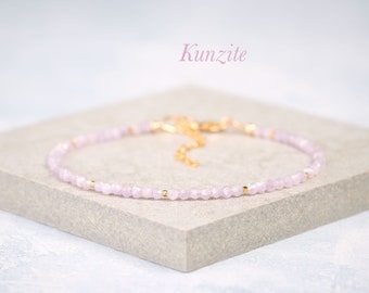 Dainty Kunzite Gemstone Bracelet, Tiny 2mm Pale Pink - Lilac Gemstone & Gold Fill or Sterling Silver Bracelet, Gemstone Stacking Bracelet
