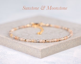 Dainty Sunstone and Moonstone Bracelet, Tiny 2mm Multicolour Gemstone Beads, Gold Fill / 925 Sterling Silver Stacking Bracelet