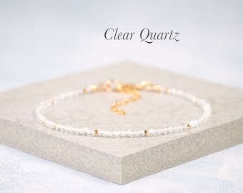 Dainty Quartz Bracelet, Tiny 2mm Clear Quartz Gemstone and Gold Fill or Sterling Silver, Crystal Clear Quartz Gemstone Stacking Bracelet